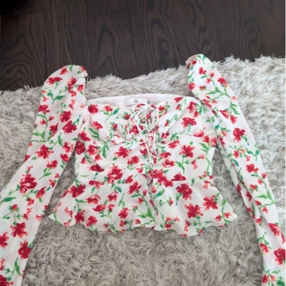 Misguided Square Neck Floral Lace Up Long Sleeve Blouse Top - Picture 3 of 6